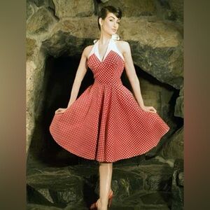 Pinup Couture Rita Red Polka Dot Pinup Halter Swing Dress